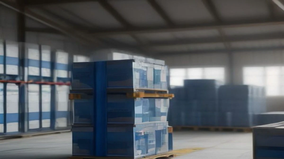 Stacked aluminium mining machines on a pallet in a bright warehouse