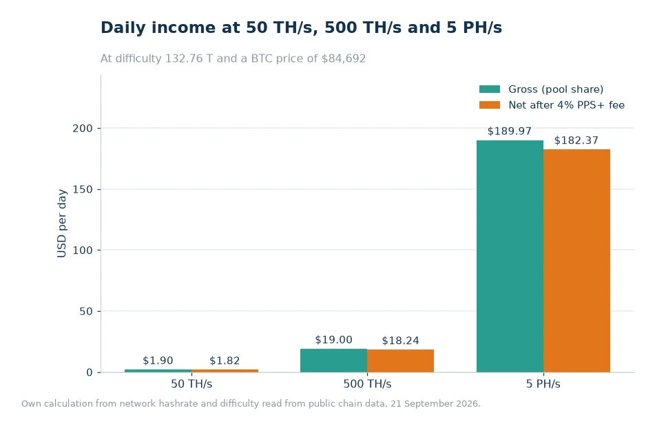 Bar chart of gross and net daily USD income at 50 TH/s, 500 TH/s and 5 PH/s